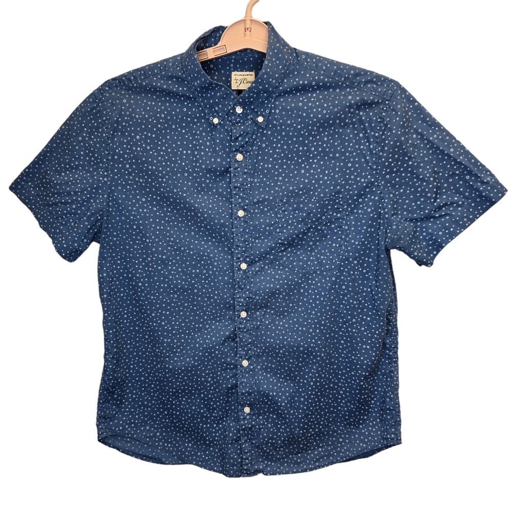 J. Crew Men's Blue Circle Print Casual Button Down Short Sleeve Shirt L